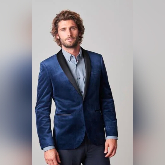 Blue Velvet Blazer Coat with Modern Fit and Notch Lapels - Picture 1 of 9